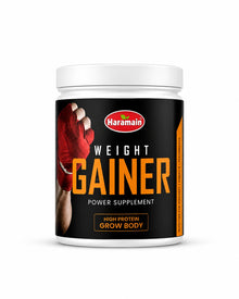 White-lidded Haramain Weight Gainer supplement jar with orange-and-black label