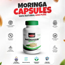 Moringa capsules supplement bottle with green cap and label, 60-capsules