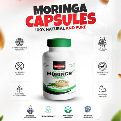 Moringa capsules supplement bottle with green cap and label, 60-capsules