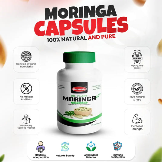 Moringa capsules supplement bottle with green cap and label, 60-capsules